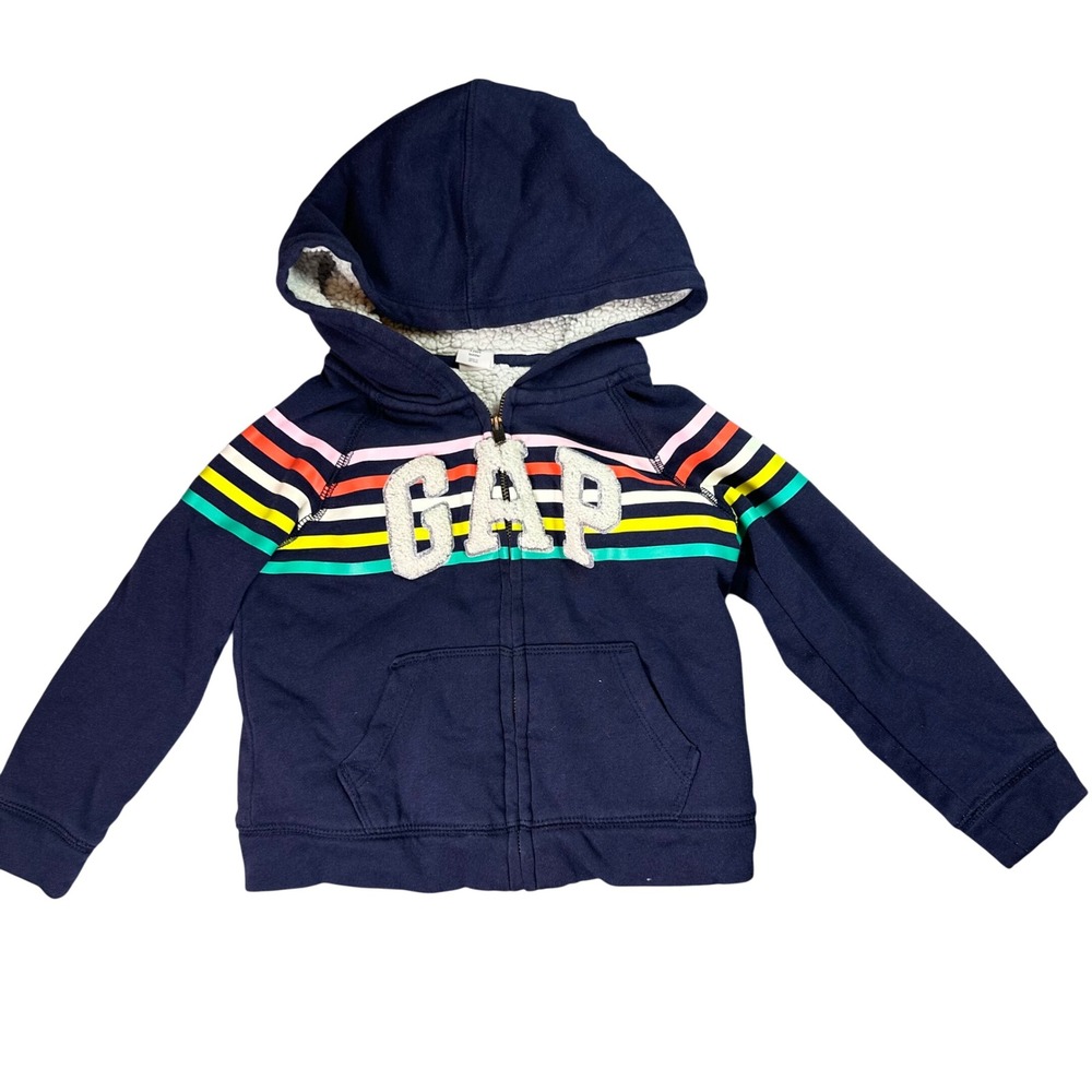 Gap Kids Rainbow Stripe Sherpa Lined Full Zip Hoodie Toddler 3T Navy Blue